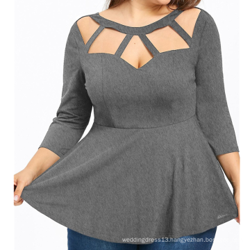 Gray Hollow Out O-neck 3/4Sleeve Peplum Plus Size Women Casual Blouses